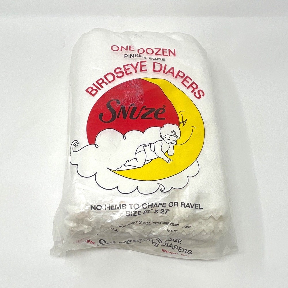 Vintage Snuze Pinked Edge Birdseye Cloth Diapers, 1 Dozen 27" x 27" White